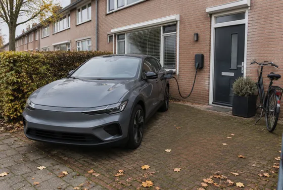Elektrische auto aan een kleine laadpaal naast de voordeur van een rijtjeshuis, op een herfstochtend