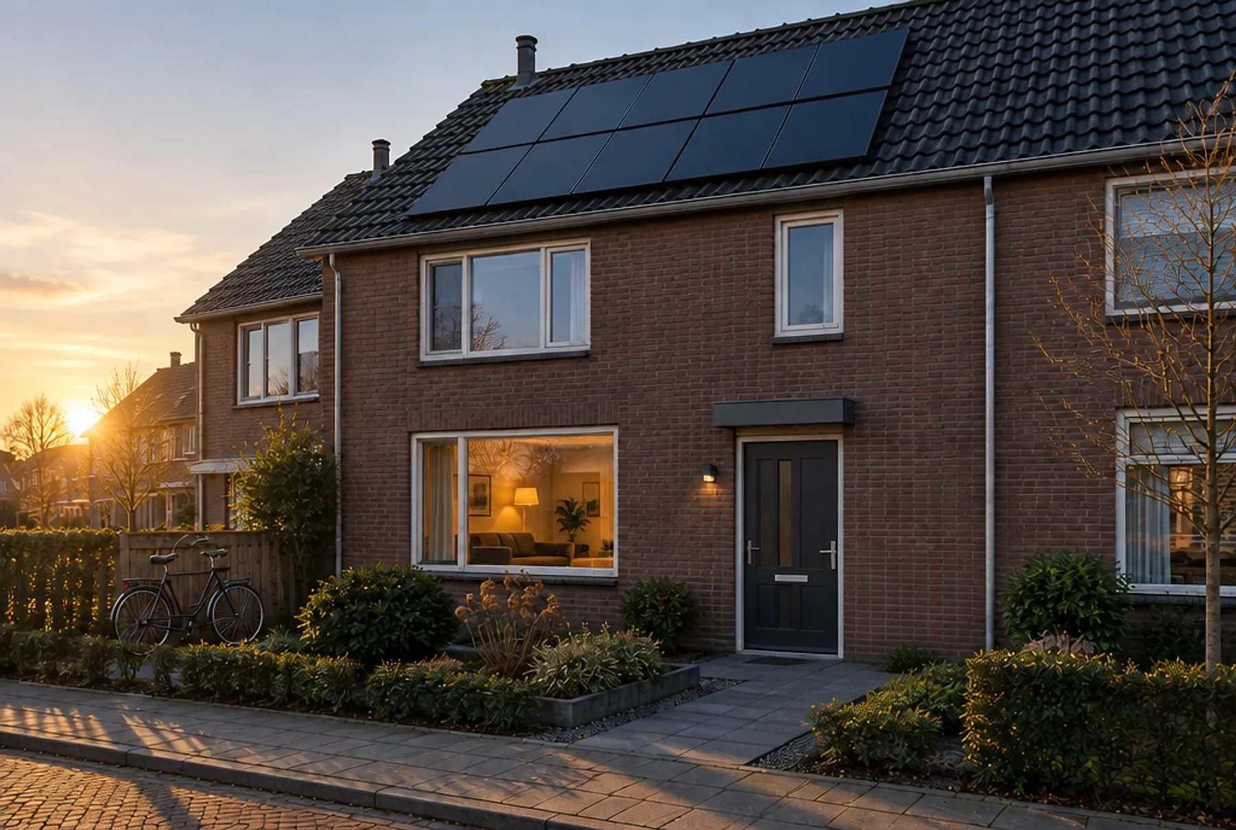Rijtjeswoning met zonnepanelen op het dak bij zonsondergang, met licht aan in de woonkamer