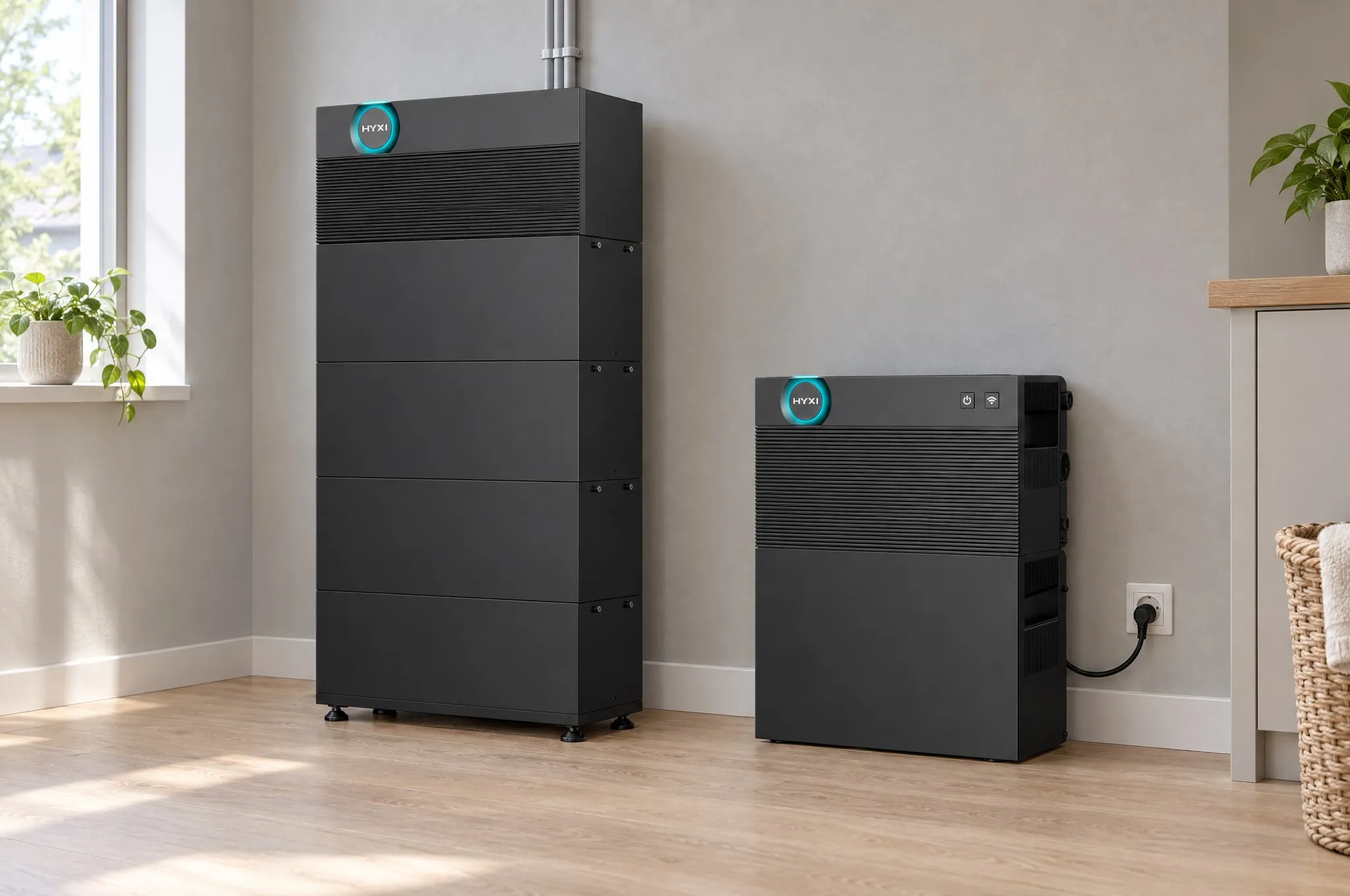 Een hoge HYXI Aura-thuisbatterij tegen de muur naast een compacte HYXI Halo-batterij die met een snoer in een stopcontact zit