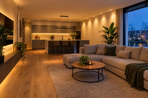 Woonkamer met open keuken, verlicht met inbouwspots en indirecte ledverlichting